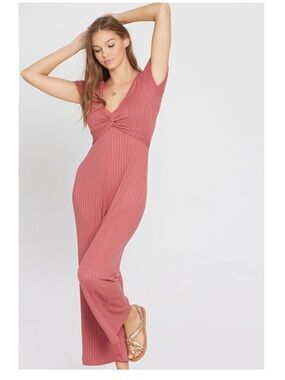 LSpace Jasmine Ribbed V Neck Slimming Pink Jumpsuit Size Small